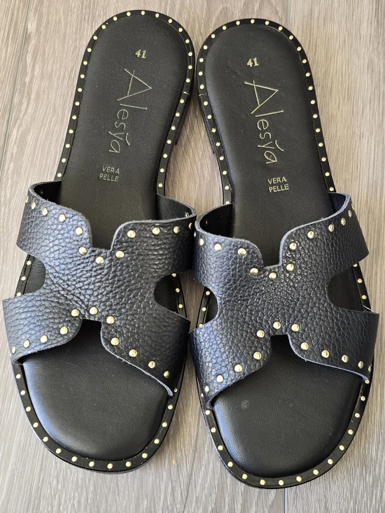 Italian Leather Studded Slide Sandals Black Minimal Luxe EU 41 US 10 - Picture 1 of 9